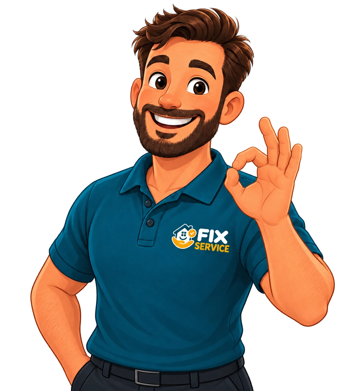 Personaggio illustrato del volantino Fix Service: un uomo sorridente con una polo blu
